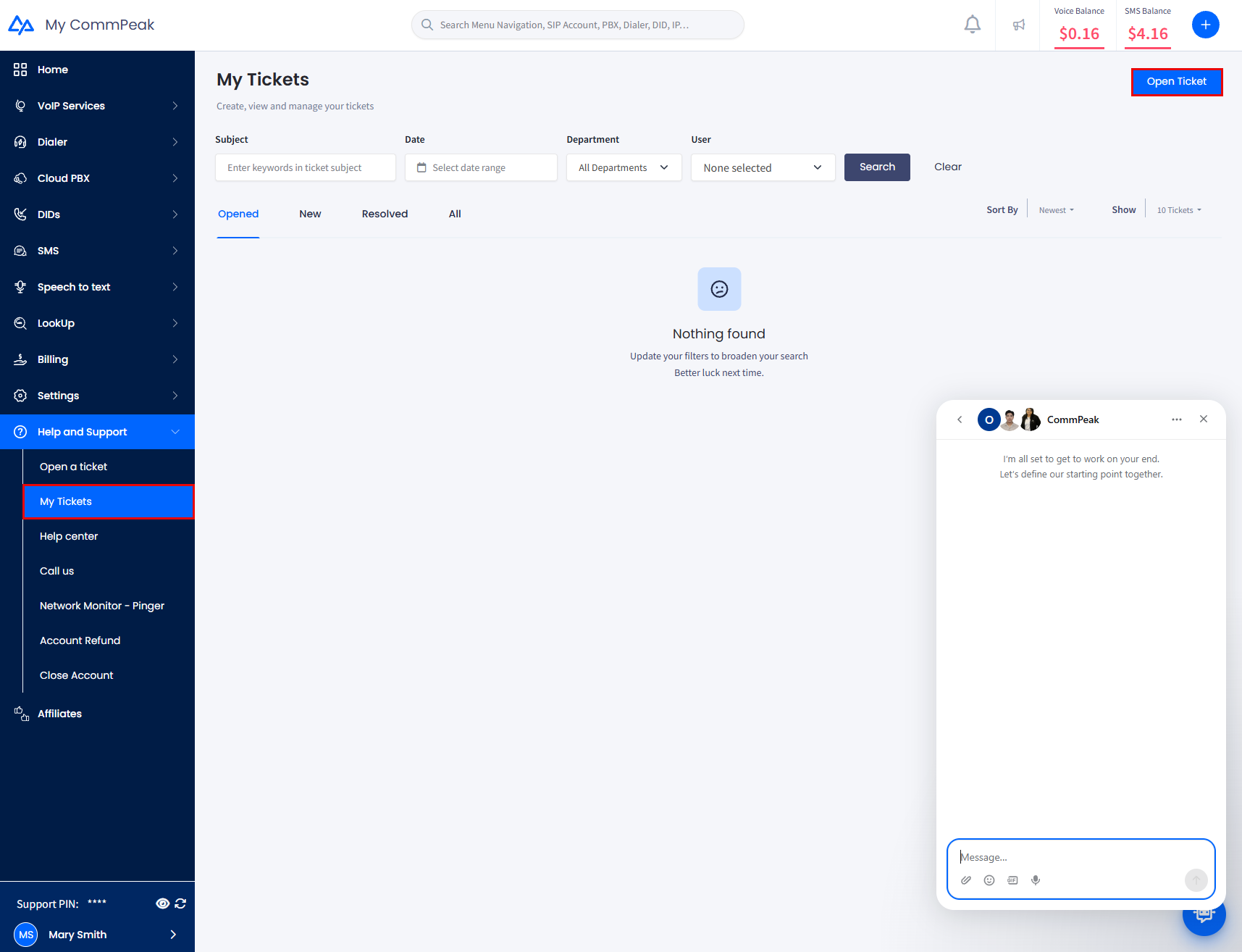 Screenshot of the Help and Support Options