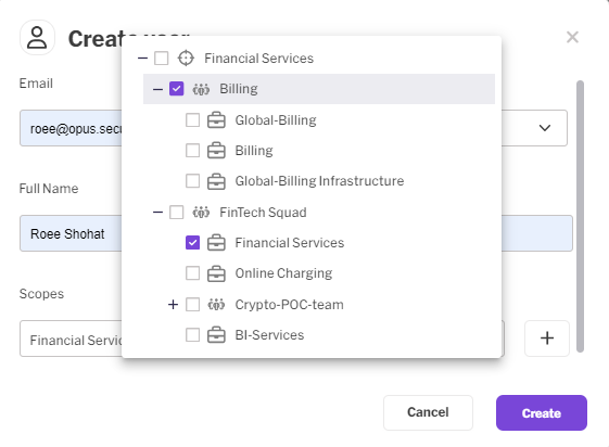 selecting a service under one group, and overall permissions for the billing group, which will include future added services or sub-groups