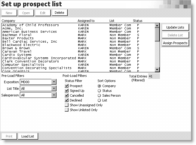 From Exposition, select Set up tables > Prospect list