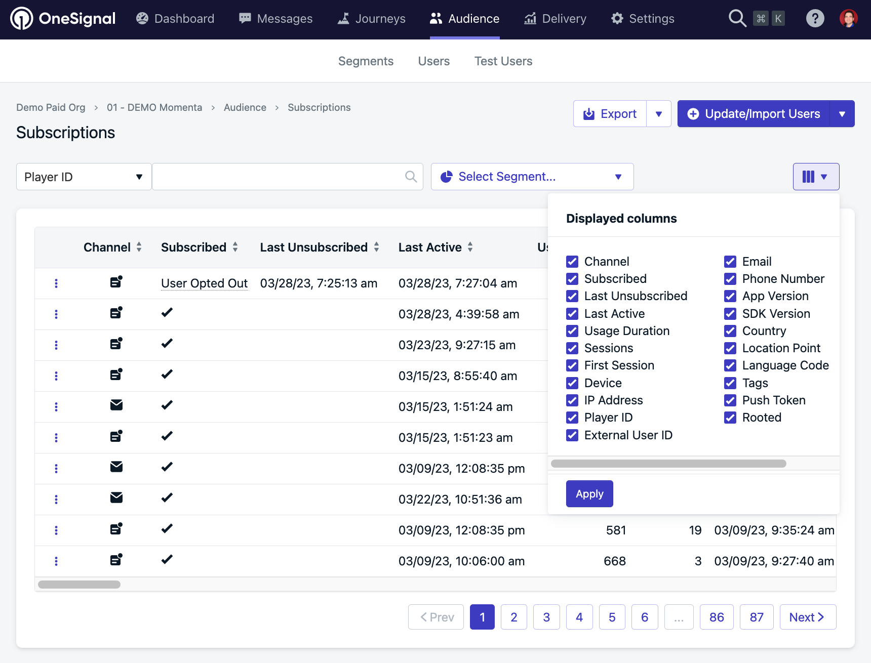 Image showing the subscriptions tabe