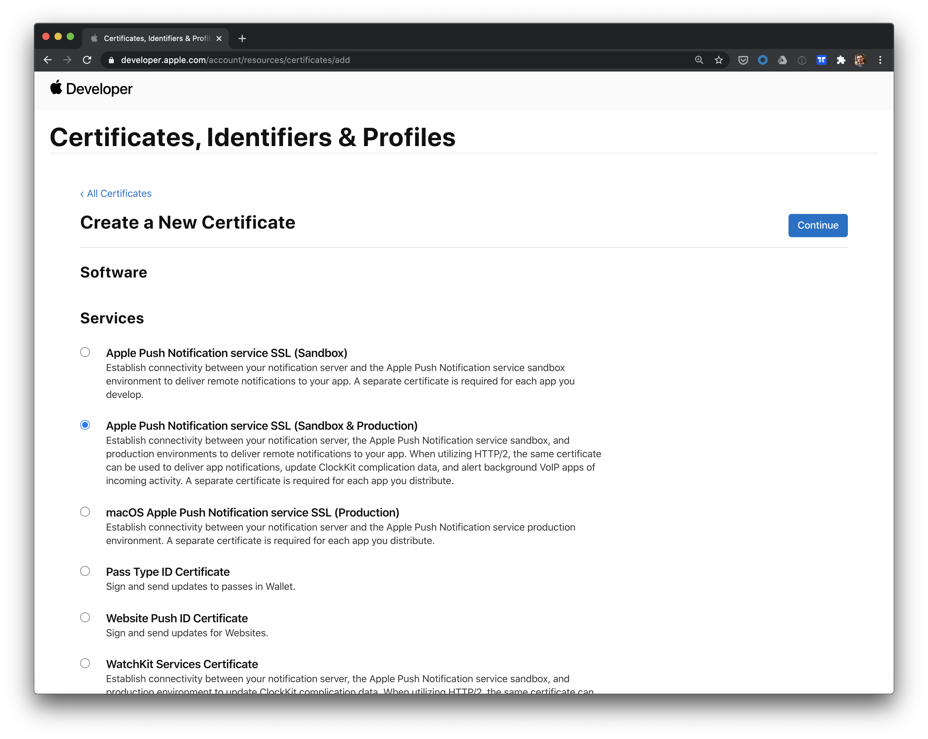 Create a certificate for the Apple Push Notification service SSL (Sandbox & Production).