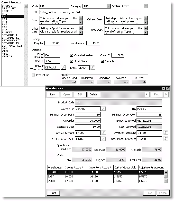Example of a product's inventory displayed on both the Manage products and Warehouses windows Example of a product's inventory displayed on both the Manage products and Warehouses windows