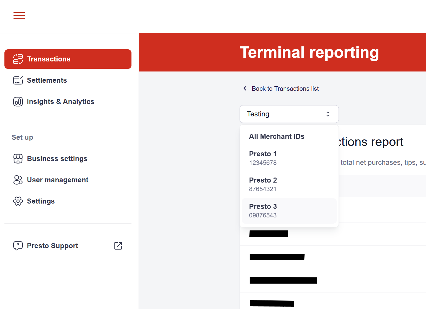 Drop down list of available merchant facilities