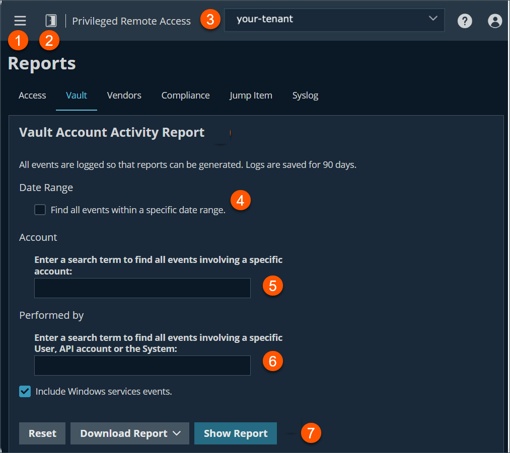 An image of a "Vault Account Activity Report" interface from a Privileged Remote Access system. The interface includes options to filter events by date range, account, and user or system performing the action. There are checkboxes for including Windows services events and buttons labeled Reset, Download Report, and Show Report.