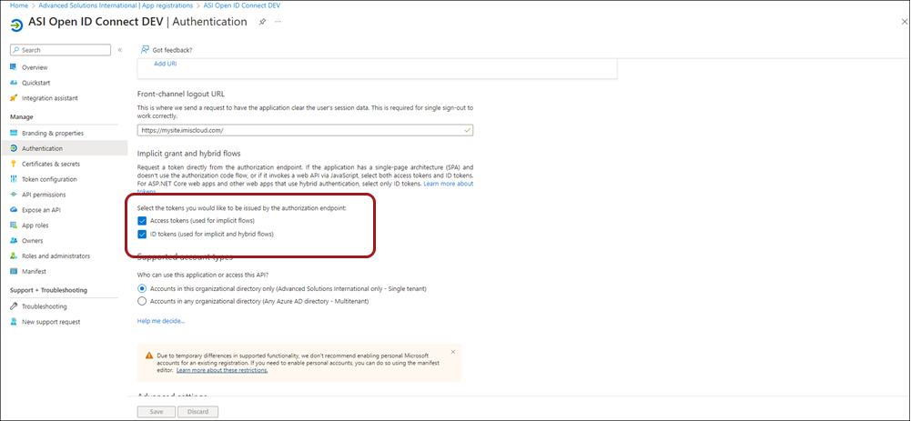 Ensuring access tokens and ID token are enabled for the application