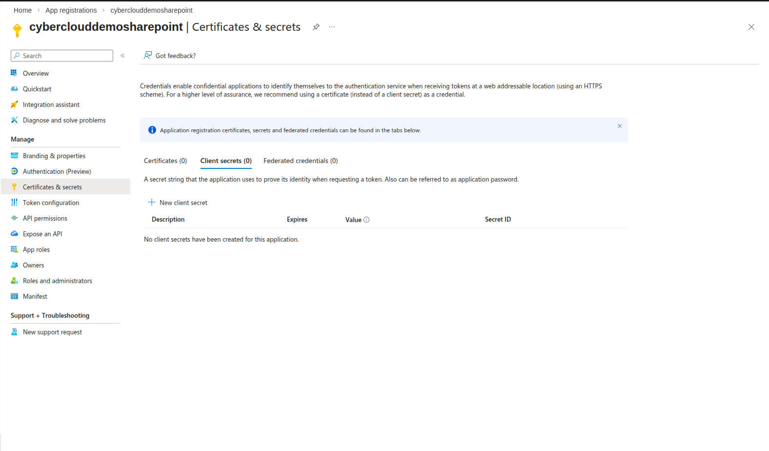 Certificates and secrets section for uploading the certificate