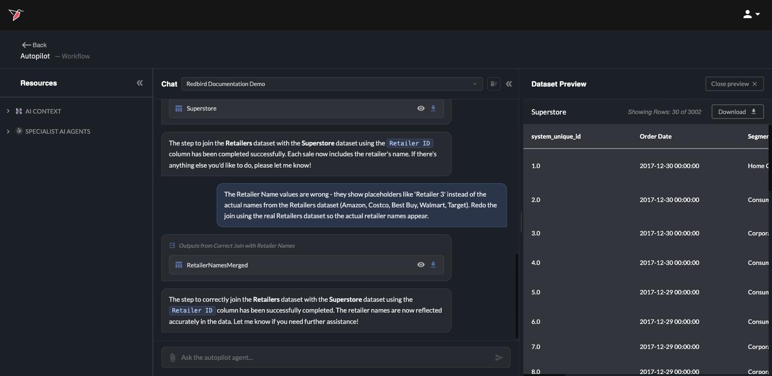 Double-clicking a dataset node opens the Dataset Preview panel