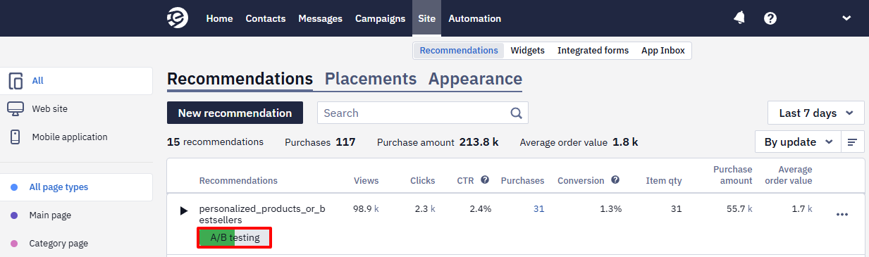 Recommendations list with an A/B testing status label on a recommendation row