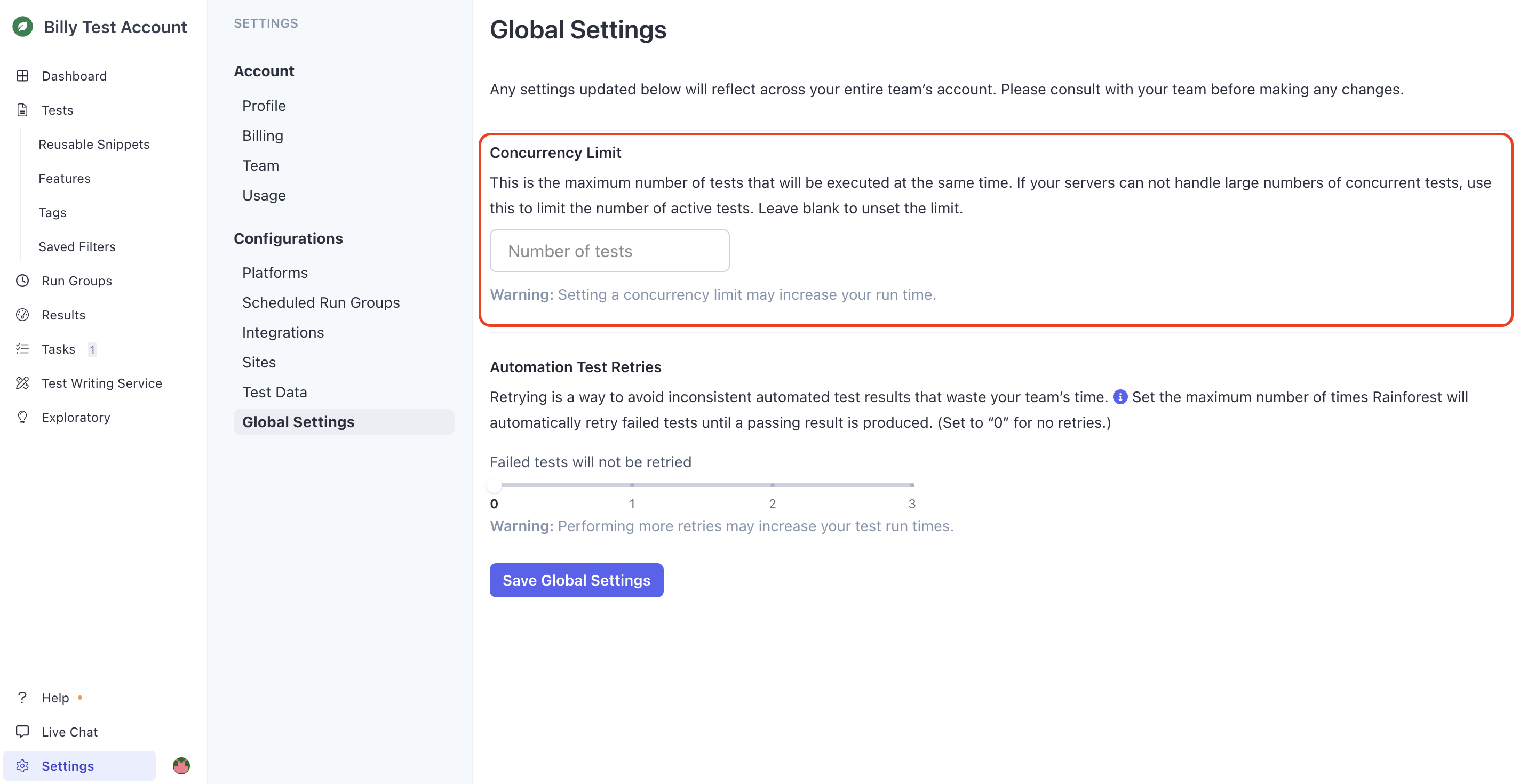 The Global Settings page.