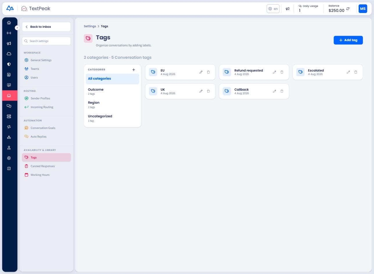 Screenshot of the Tags page showing the Categories panel on the left and tag cards on the right