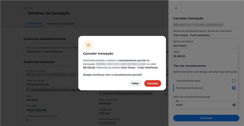 Tela de confirmação exibida durante o processo de cancelamento de transação, com opções para validar ou interromper a ação. Para seguir com o cancelamento selecione "Cancelar"