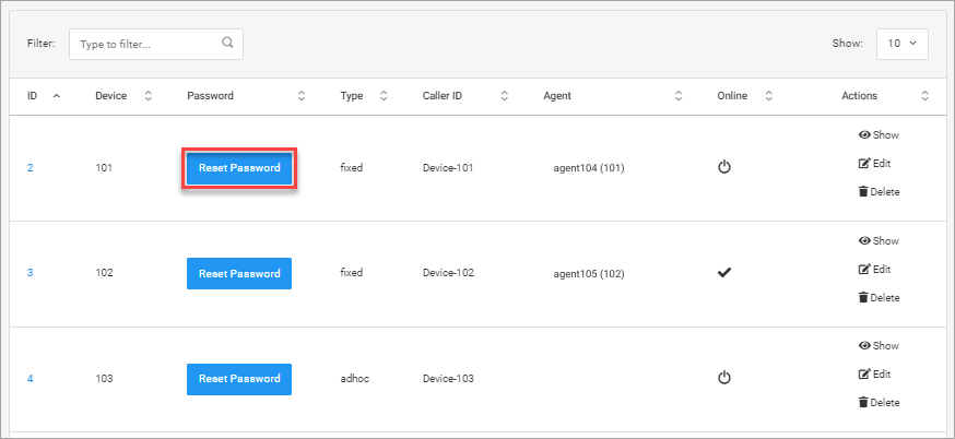 Screenshot of the Configuration > Devices tab: Reset Password option
