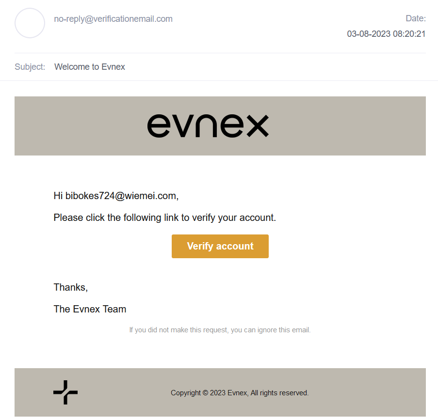 Sample of email verification template. Subject "Welcome to Evnex"