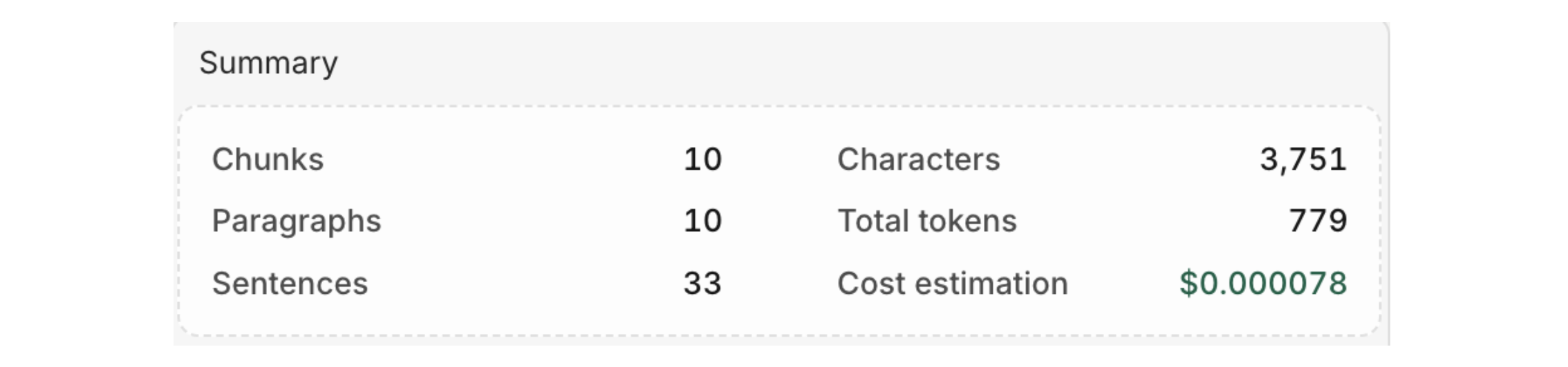 Here you can see details of the data parsed into your Knowledge Base and estimate the cost of retrieval.