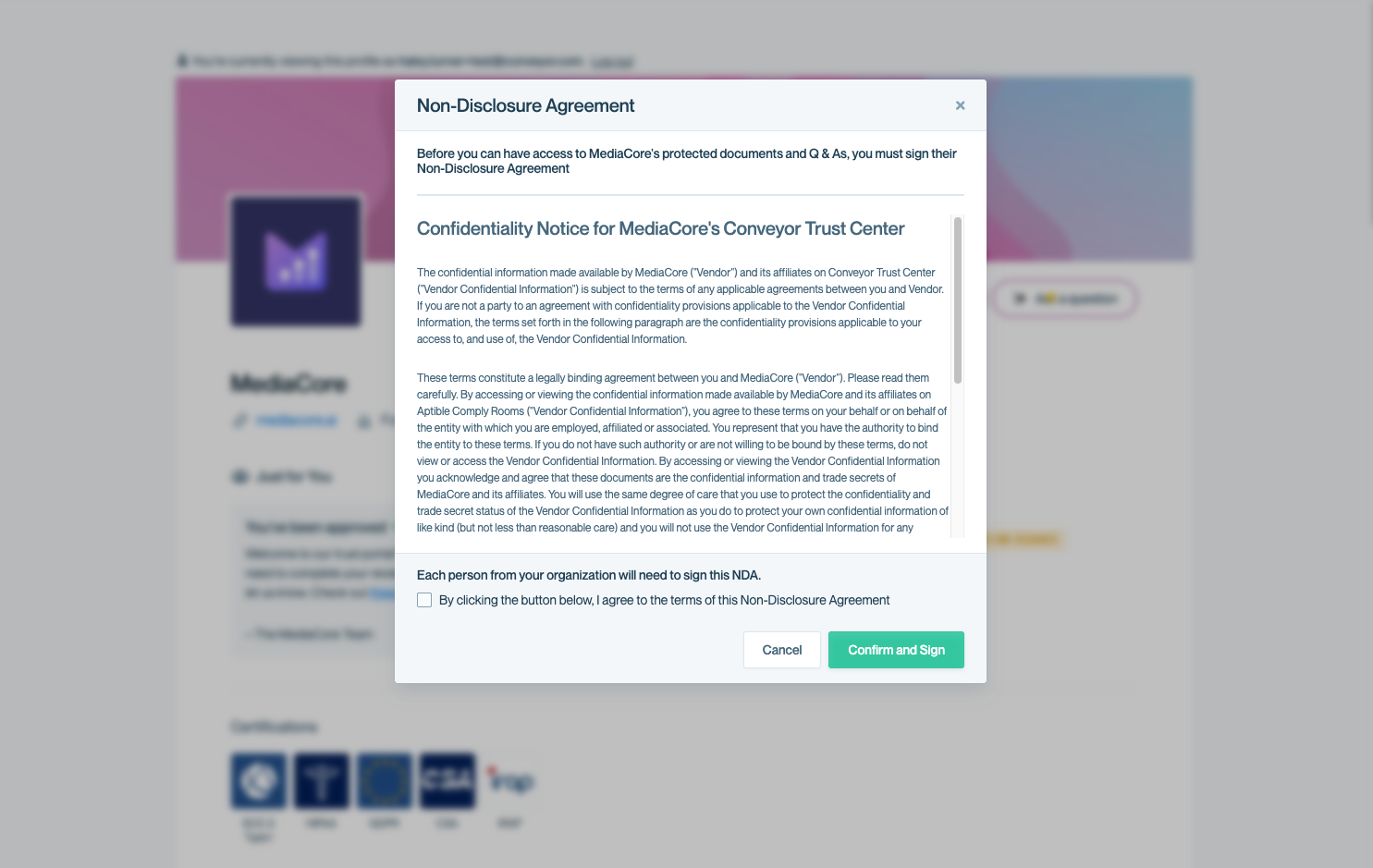 Customer view of the Clickwrapped NDA signing modal shown before accessing gated content.