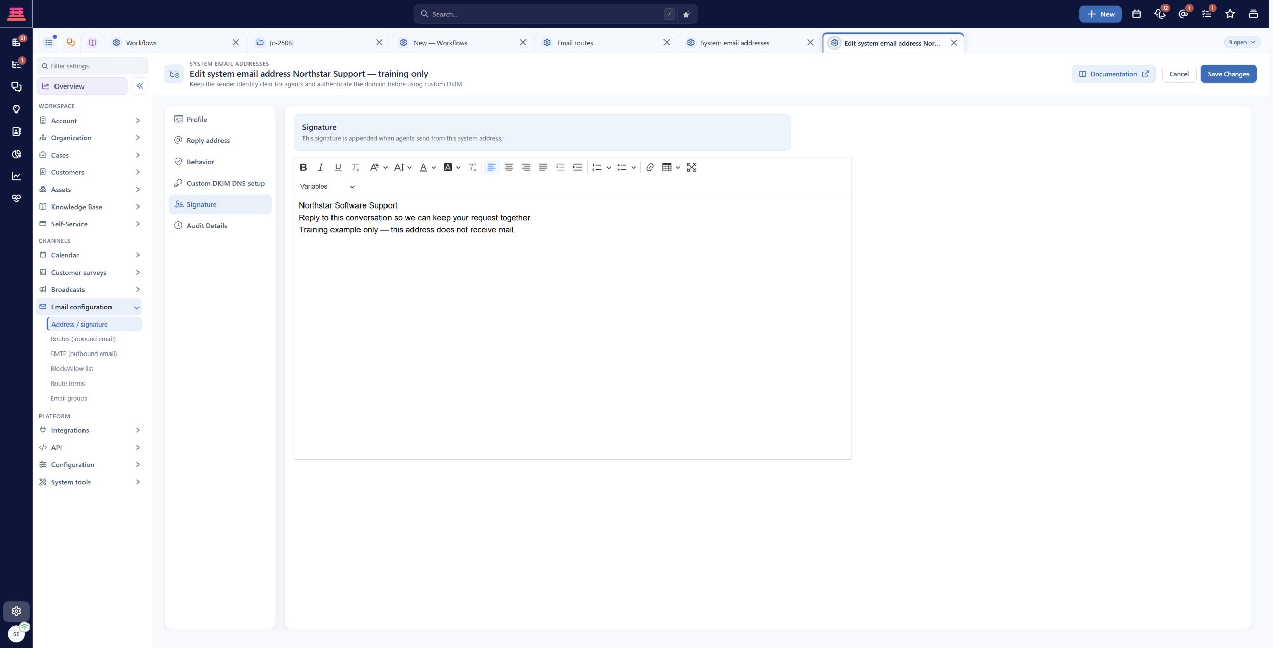 Saved Northstar example signature. Real sending identities should use approved contact information instead of the training disclaimer.