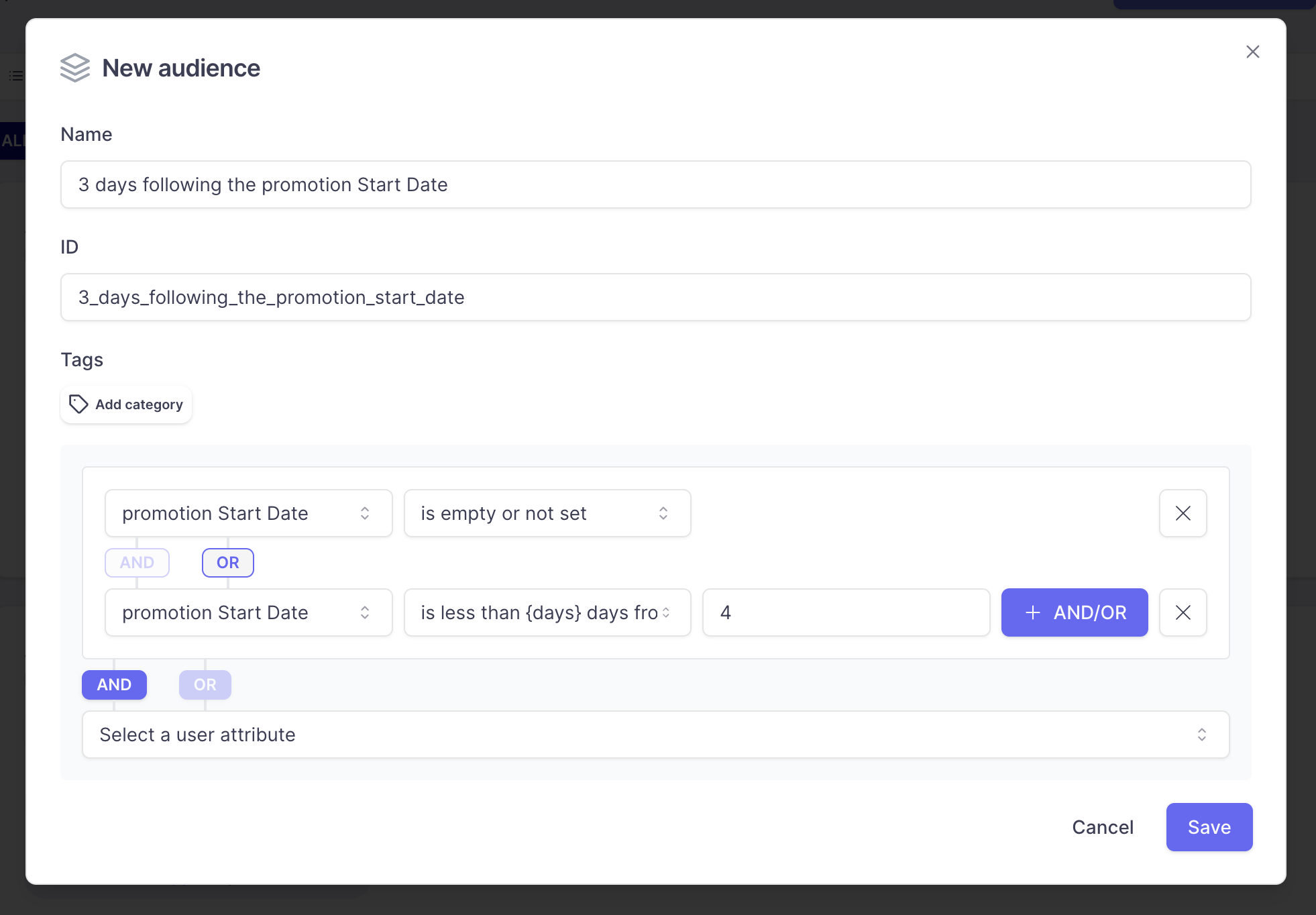 For all the Users, the attribute `promotion Start Date`  is initially not set. Therefore, they will match the Audience and see the associated Paywall. Once they see it, the Paywall automatically sets the attribute to the current date and hour - `now()`. Then, they will match the Audience for the 3 following days and will stop matching it (and thus access the Paywall) once the countdown is finished.