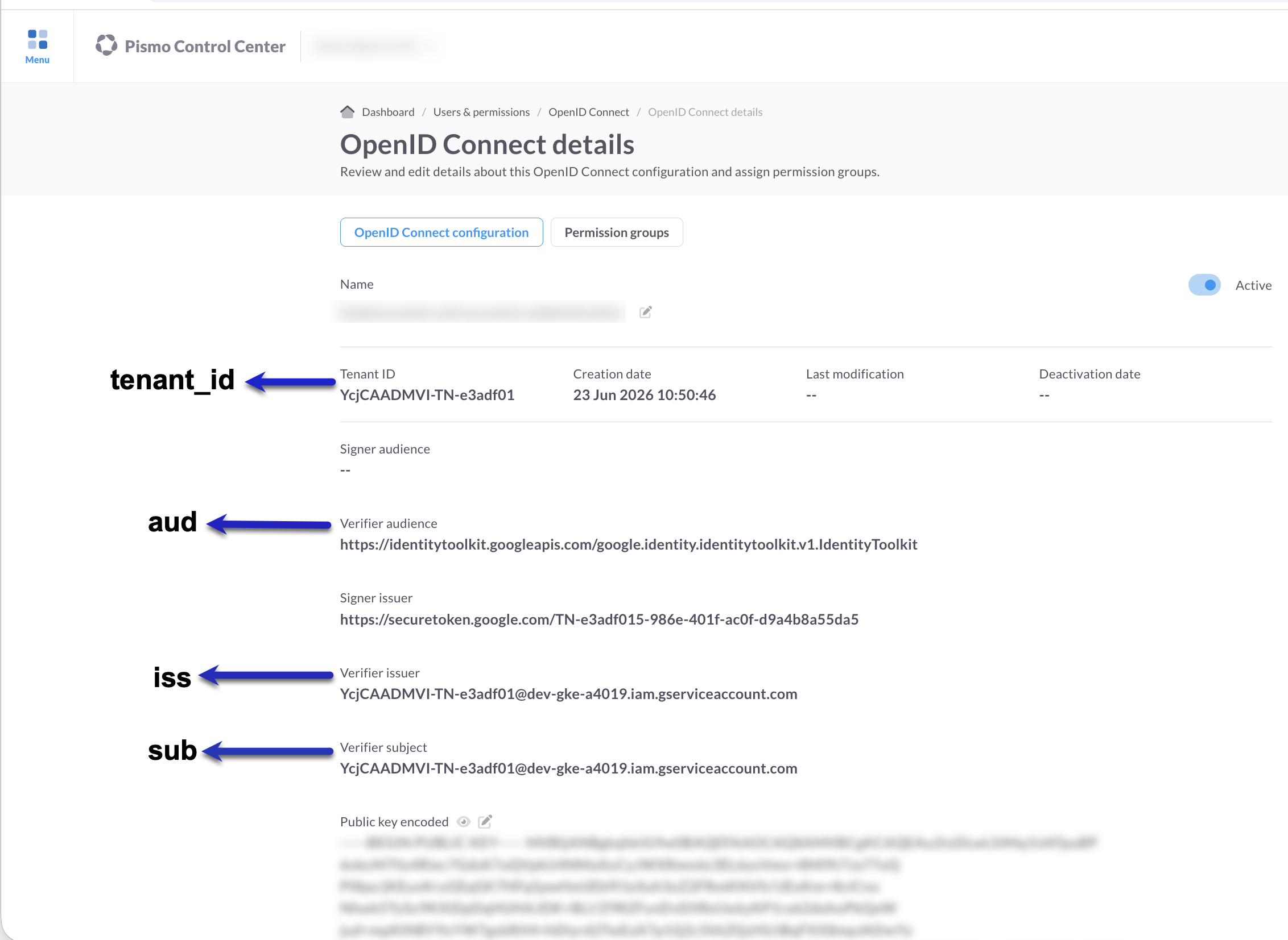 Screenshot of Control Center OpenID Connect details page