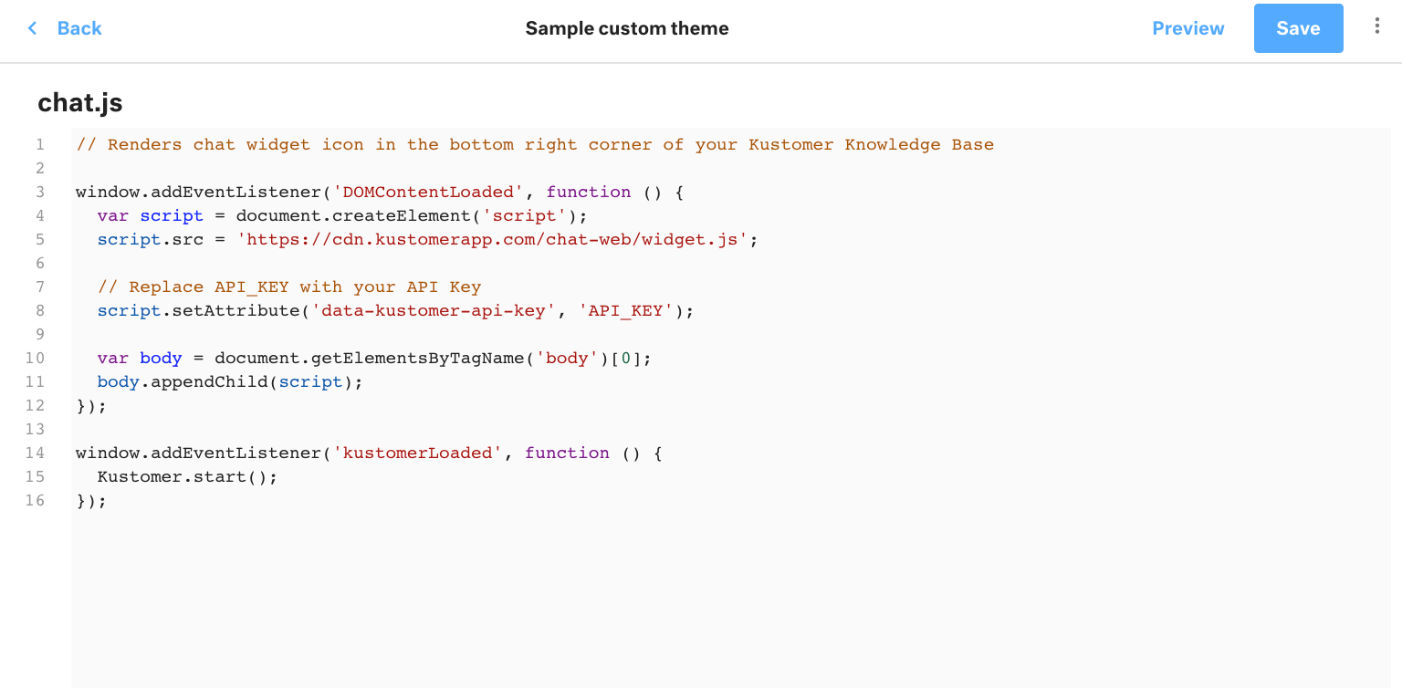 Sample chat.js code in Knowledge Base theme editor for custom theme.