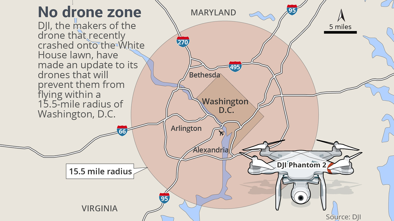 FAA No Drone Zone image around DC showing the overlay of the restricted airspace area.