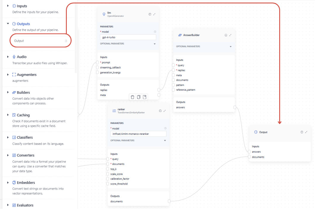 The output component on Studio canvass and connected to answerBuilder's answers and Ranker's documents outputs