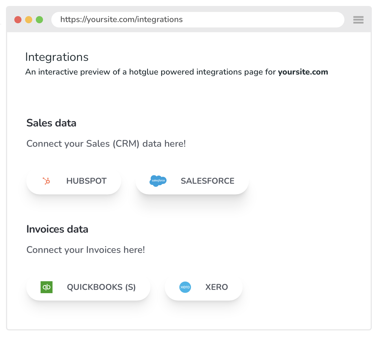 Sample integrations page powered by hotglue-elements