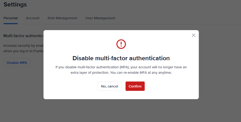 Disable multi-factor authentication modal.