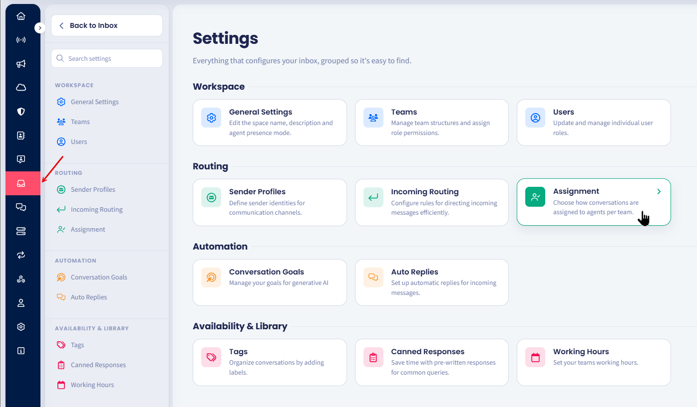 Screenshot of the Inbox Assignment tab