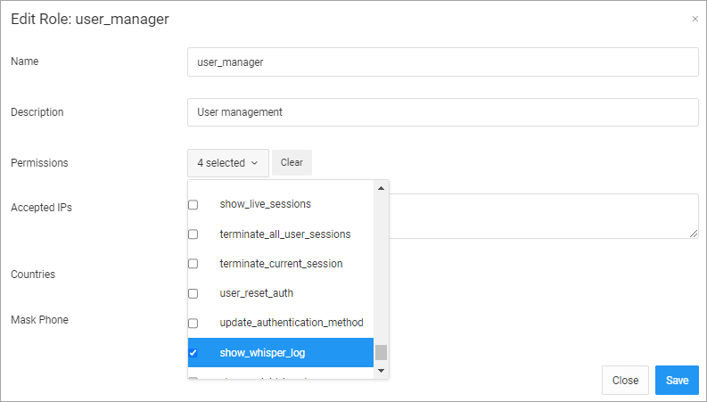 Screenshot of the **Edit Role** form with the **show_whisper_log** permission enabled