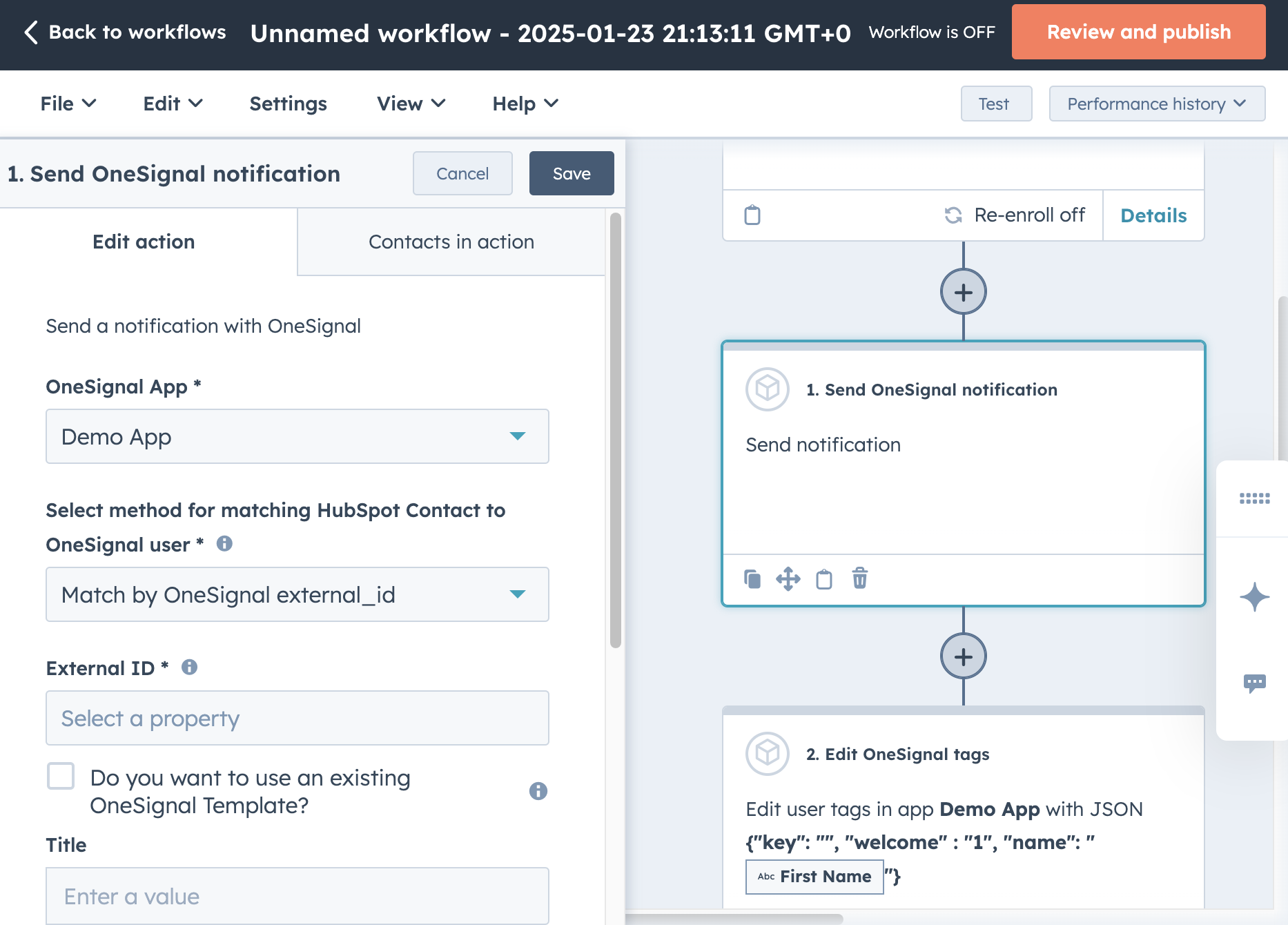 Configuration of the Send OneSignal Notification action