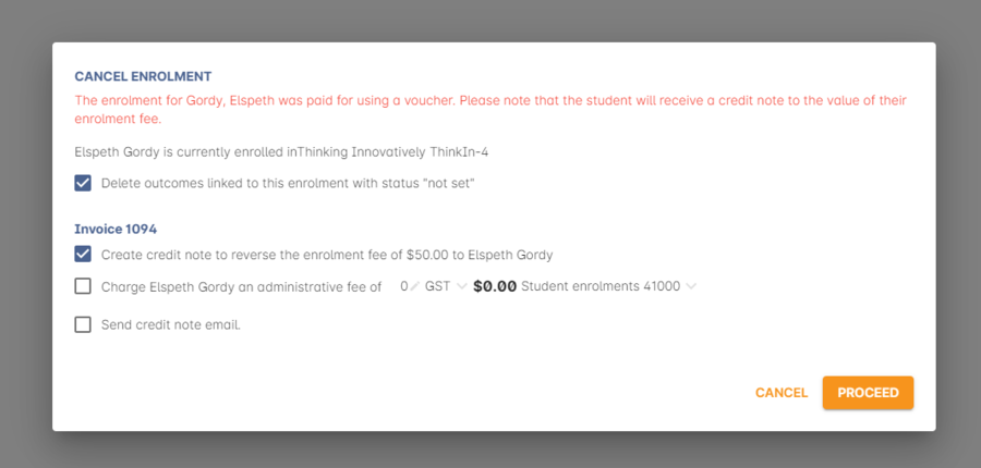 Figure 248. Cancelling an enrolment that was partially paid for with a voucher