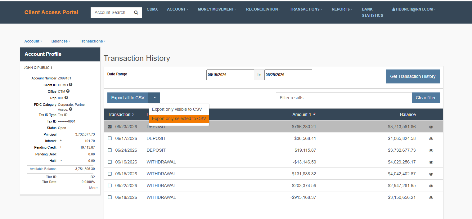Transaction History - Export Selected