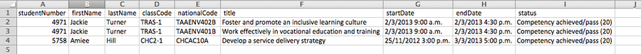 Figure 336. Excerpt of student outcomes export viewed via excel