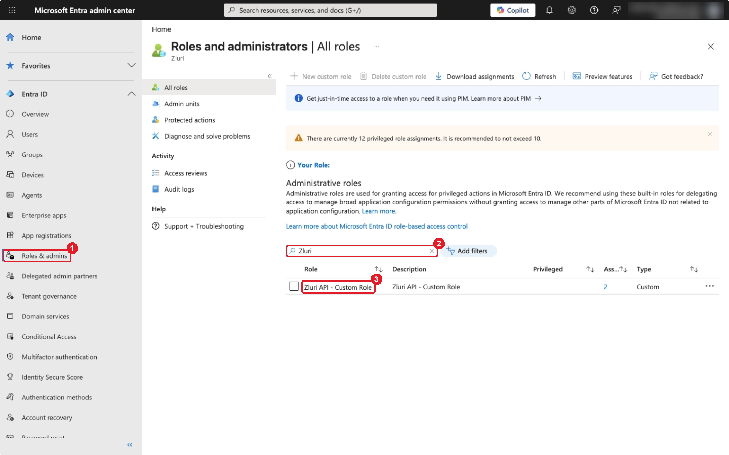 All roles list in the Microsoft Entra admin center, filtered to the custom role