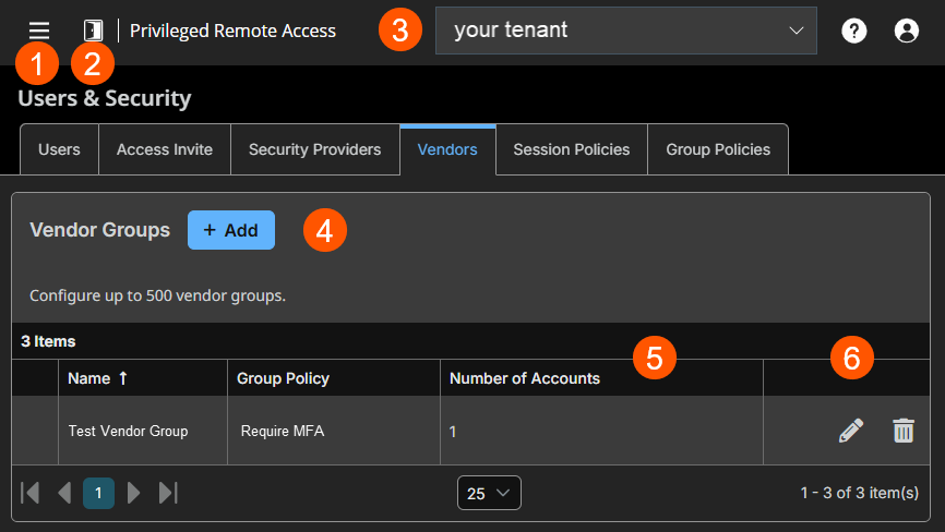 An image of BeyondTrust Privileged Remote Access interface showing the 'Users & Security' page with the 'Vendors' tab selected. The 'Vendor Groups' section includes a '+ Add' button and a table listing vendor groups with columns for Name, Group Policy, and Number of Accounts.