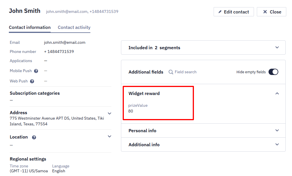 Contact profile with the Widget reward section showing the prizeValue field, highlighted in a red box
