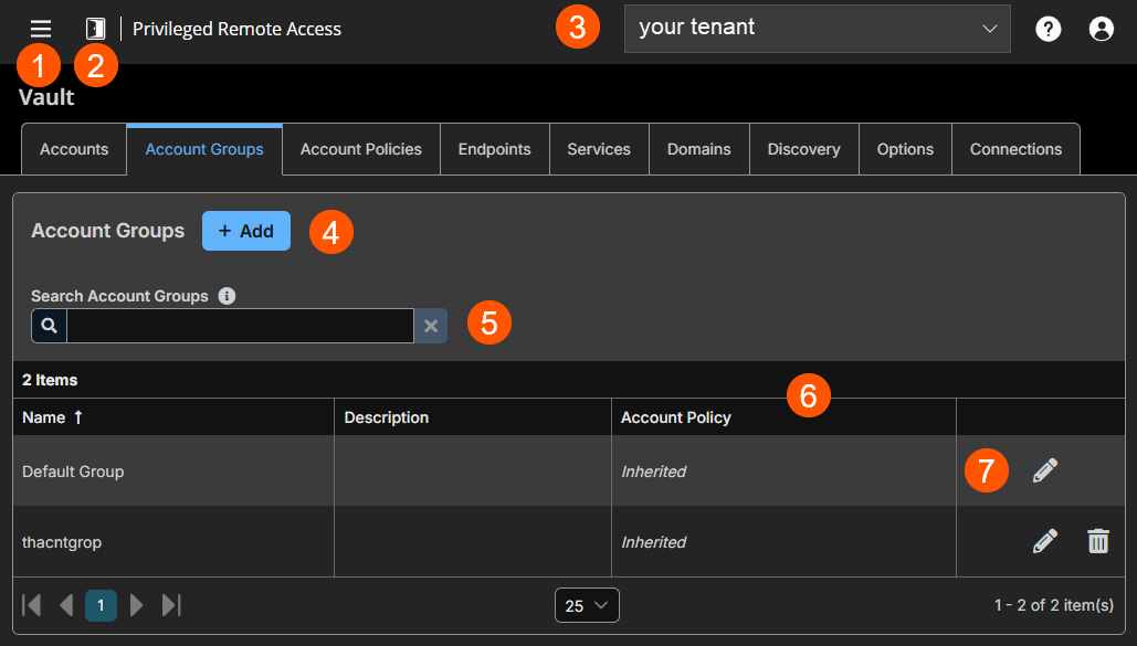 The image shows a user interface for managing account groups in a privileged remote access vault. The interface includes navigation elements, account group listings, and options to add or edit groups.