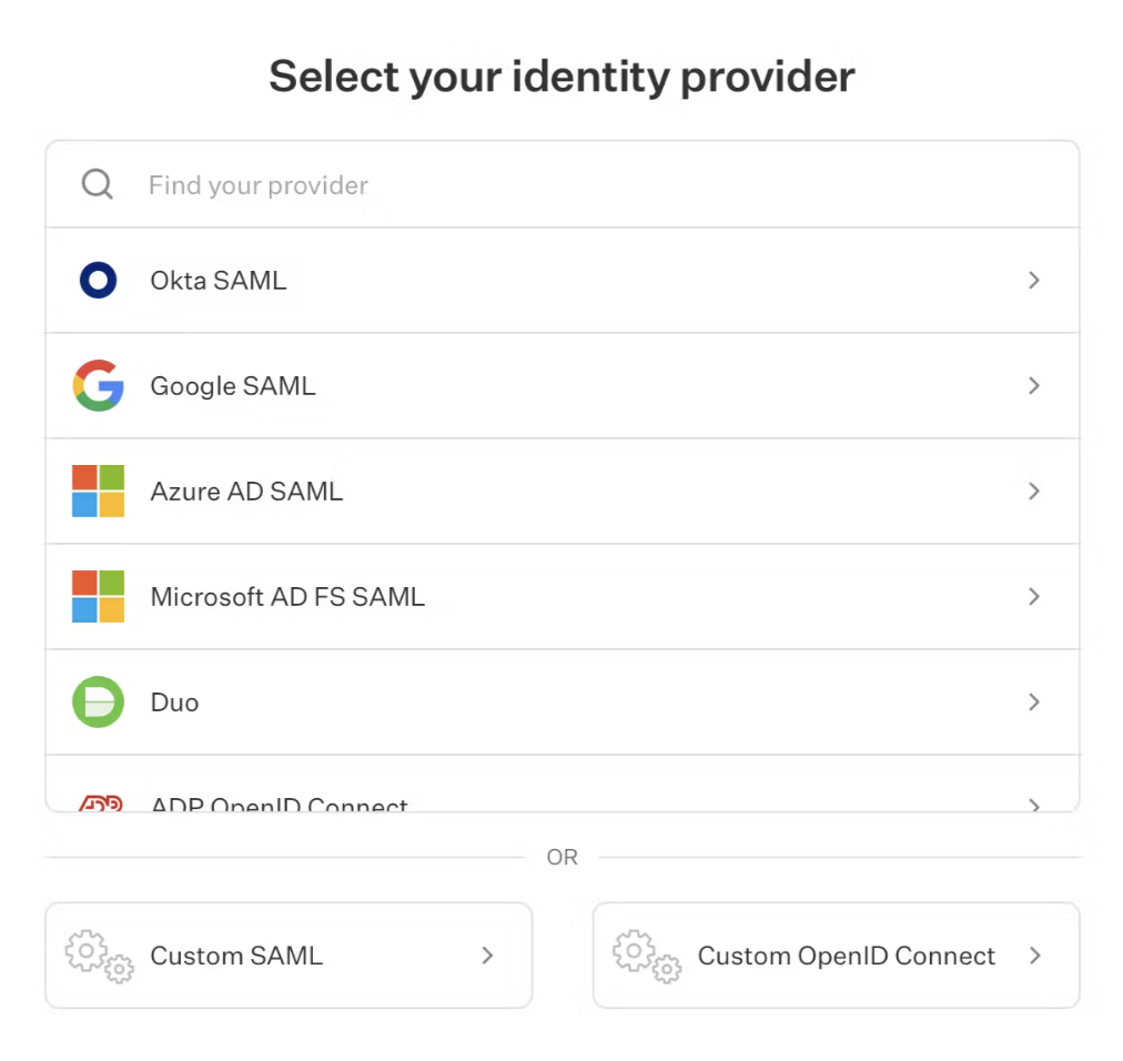 The Admin Portal used for configuring a connection to an Identity Provider.