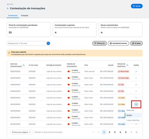Tela de contestação de transações pendentes