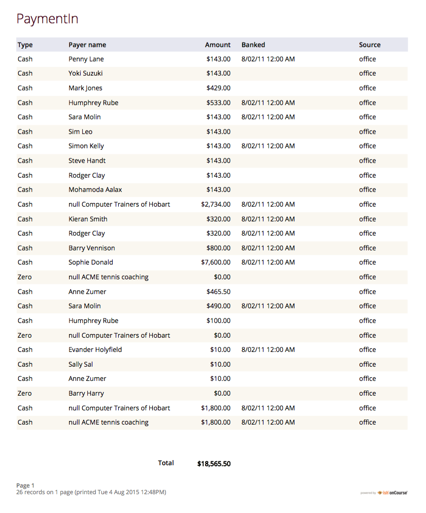 Figure 327. A "Payment In" Report