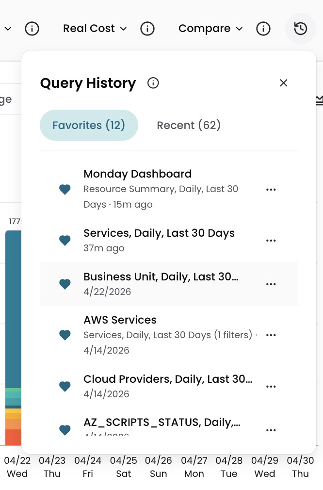 Query History panel showing Favorites and Recent tabs