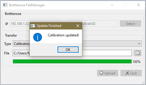 Bottlenose calibration successfully updated.