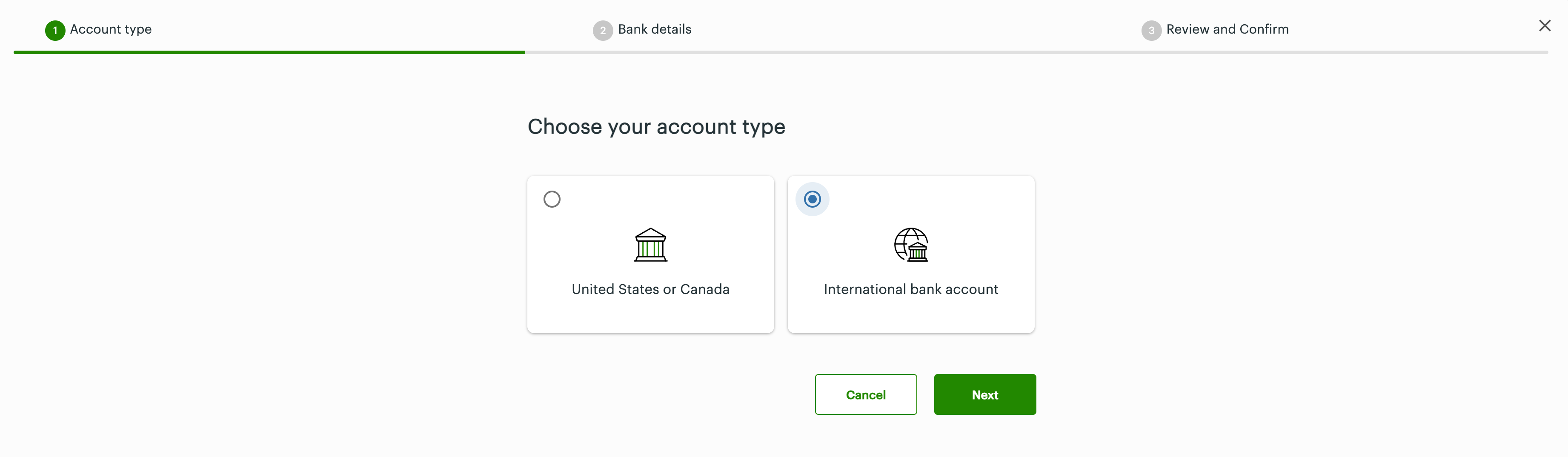 Choose your account type: International