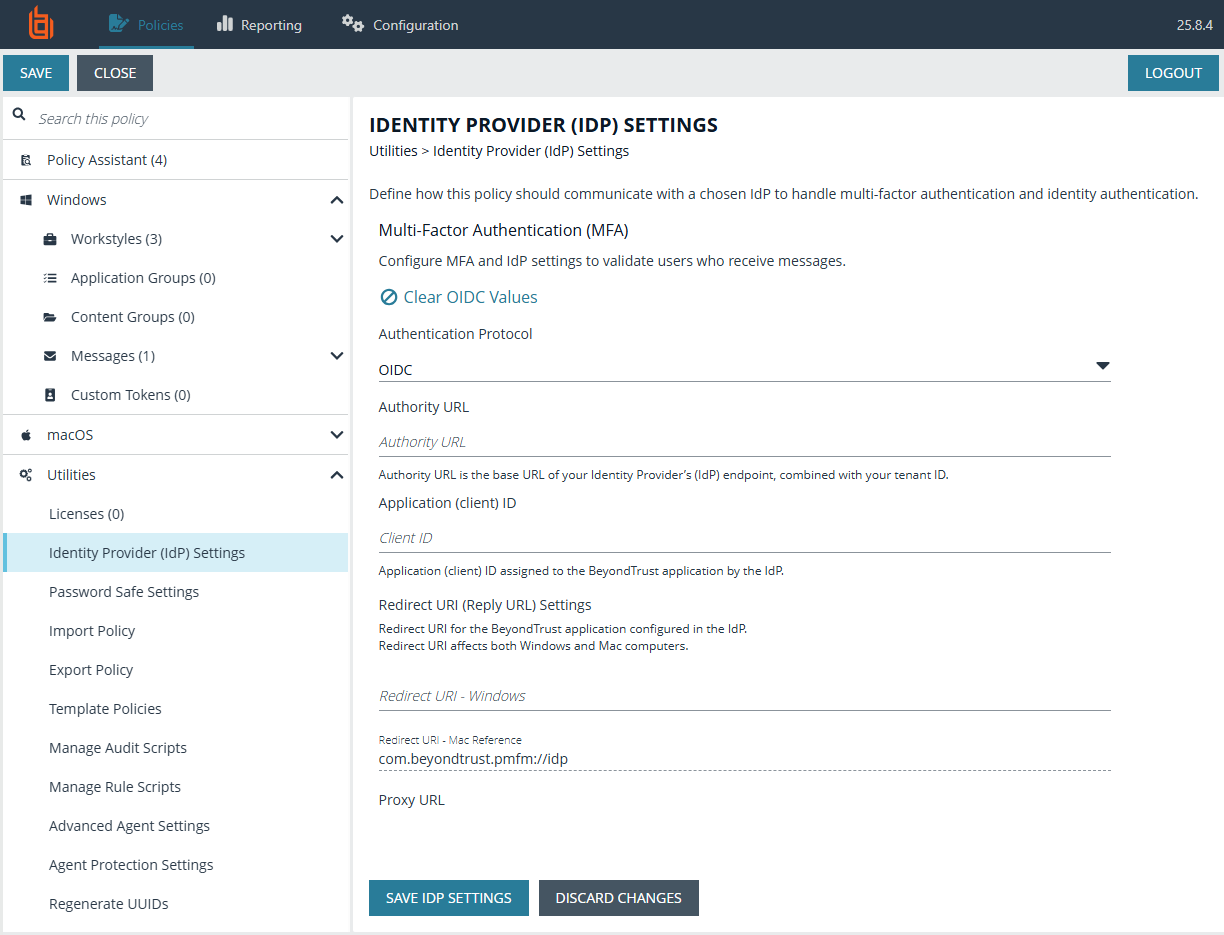 Identity provider settings in the Policy Editor