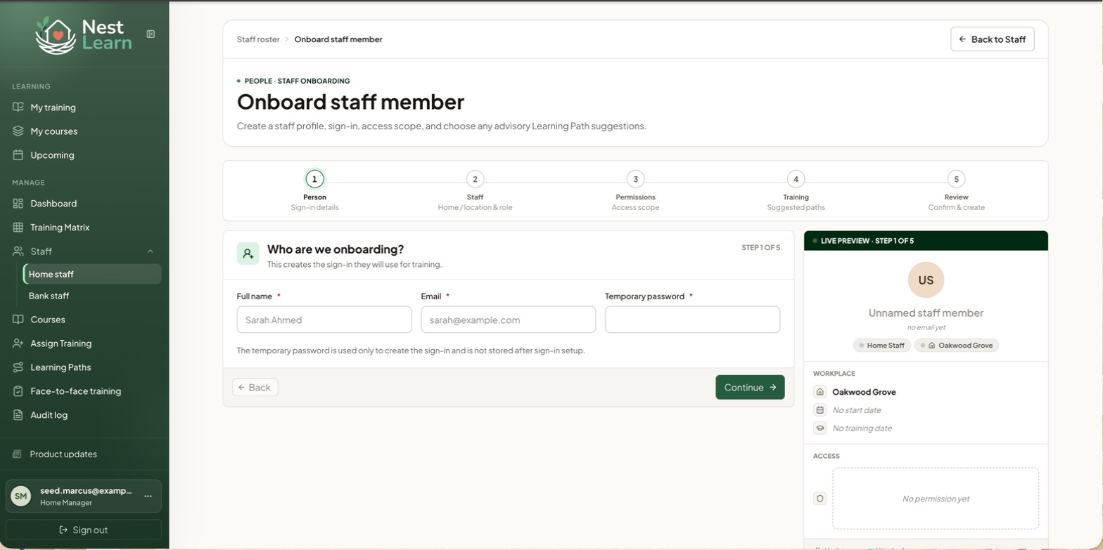 The Onboard staff member wizard at step 1, with the live preview panel