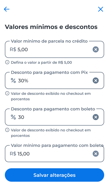 Tela Valores mínimos e descontos com os campos preenchidos