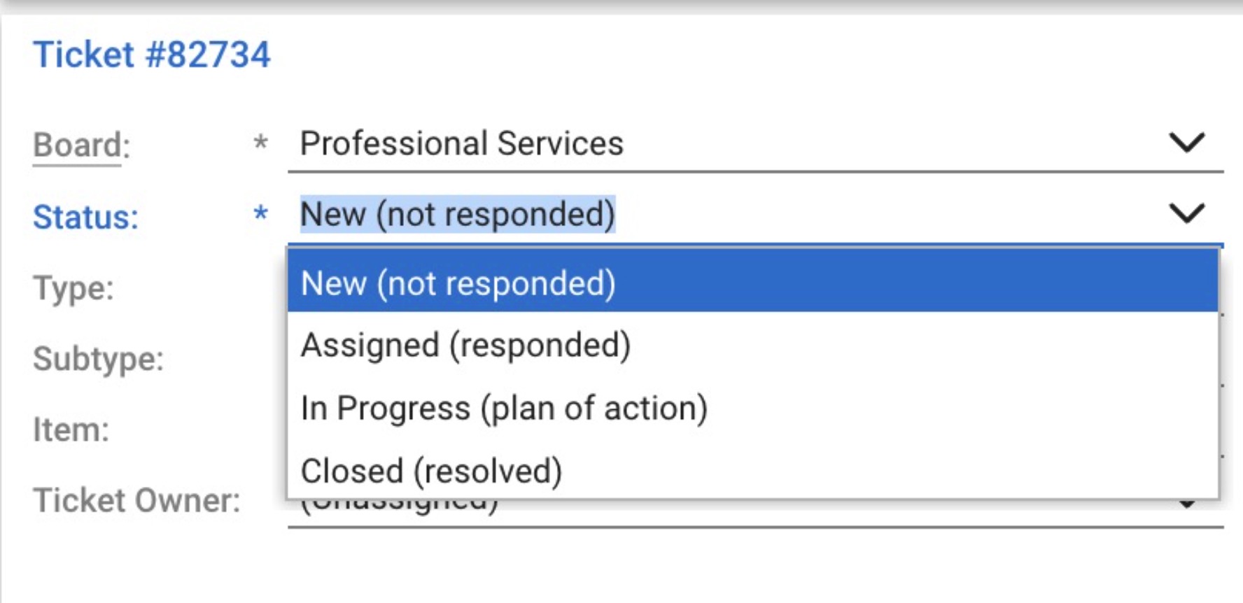 Status drop-down in ConnectWise