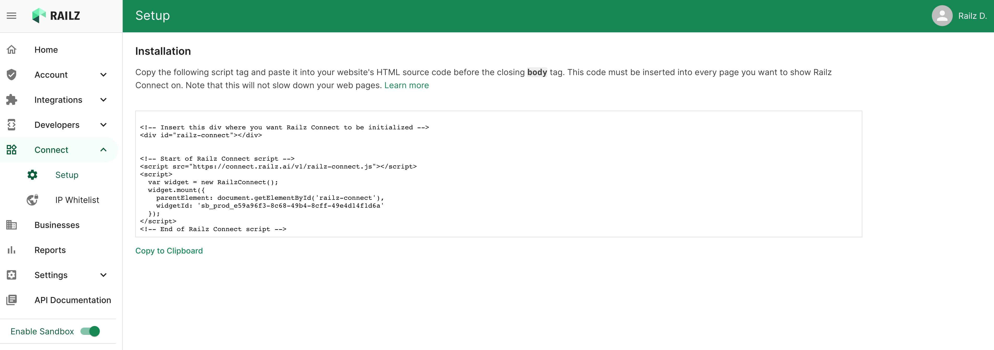 Install Railz Connect.png Railz Connect Setup Page. Click to Expand.