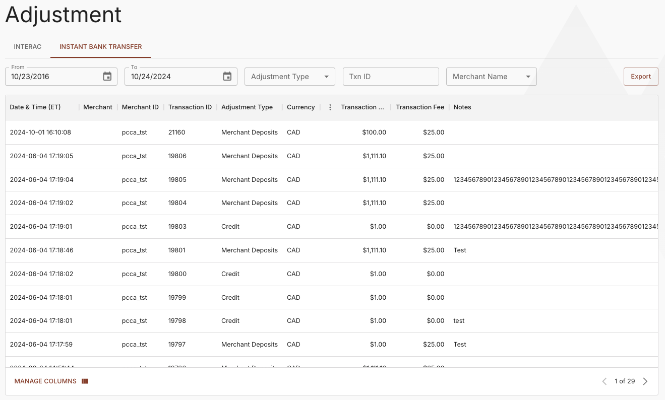 Instant Bank Transfer Adjustments Report