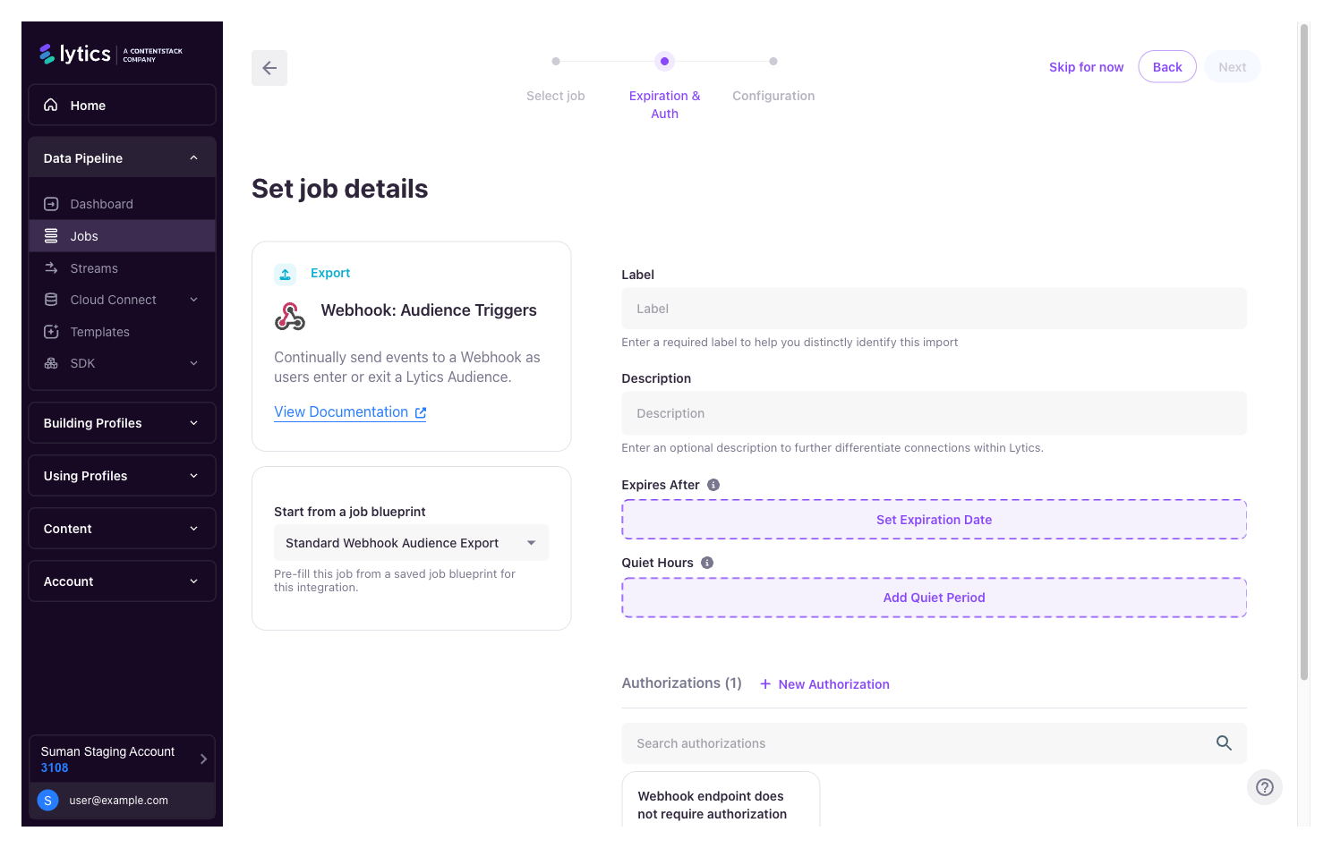 The Expiration & Auth step with the "Start from a job blueprint" card